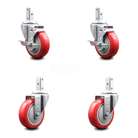 4 Inch Red Polyurethane Wheel Swivel 7/8 Inch Square Stem Caster Brakes, 2PK